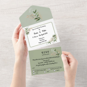 Sage green with dusty leaf spray design  all in on one invitation
