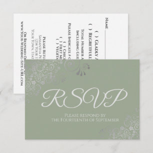Sage Green with Elegant Silver Lace Wedding RSVP Card