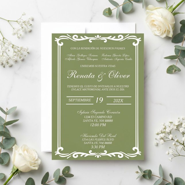 Sage green with frame wedding Spanish  Invitation (Creator Uploaded)