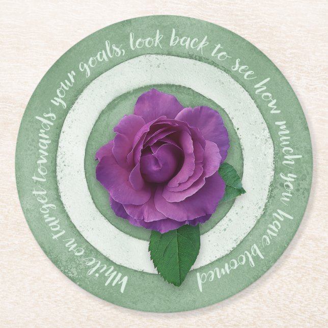 Sage Green with Purple Rose Inspirational Quote Round Paper Coaster (Front)