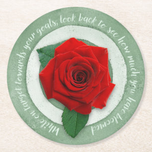 Sage Green with Red Rose Inspirational Quote Round Paper Coaster