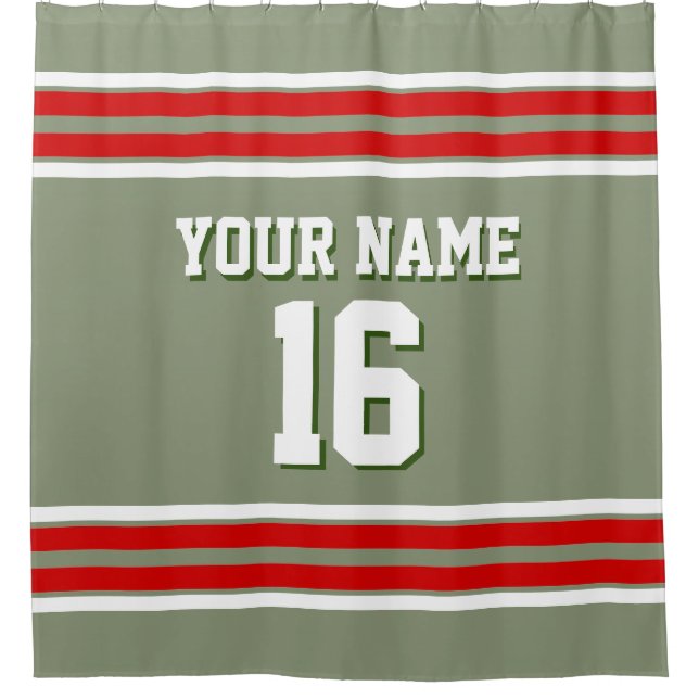 Sage Green with Red White Stripes Sports Jersey Shower Curtain (Front)