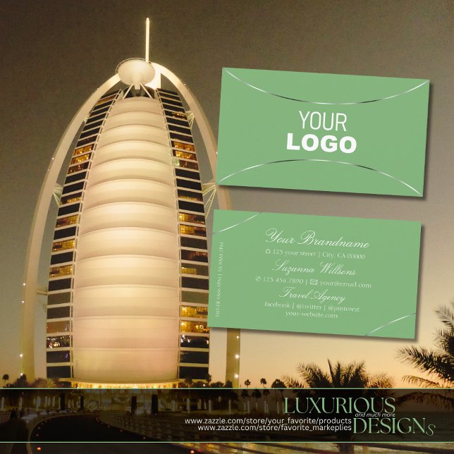 Sage Green with Silver Decor and Logo Chic Simply Business Card (Creator Uploaded)