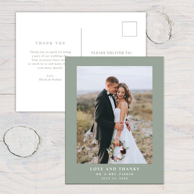 Sage Green with Text and Photo | Wedding Thank You Postcard (Creator Uploaded)