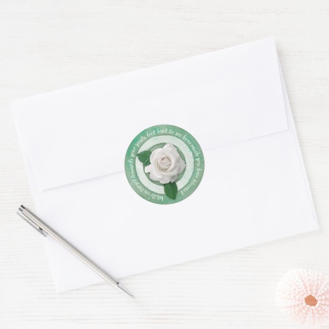 Sage Green with White Rose Inspirational Quote Classic Round Sticker (Envelope)
