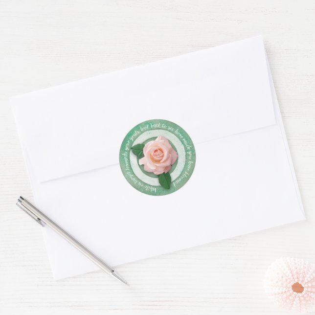 Sage Green with White Rose Inspirational Quote  Classic Round Sticker (Envelope)