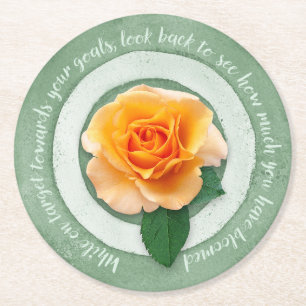 Sage Green with Yellow Rose Inspirational Quote Round Paper Coaster
