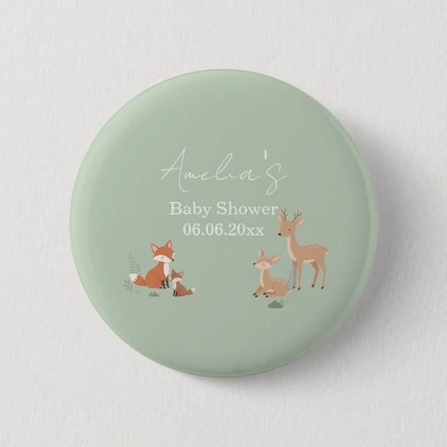 Sage Green Woodland Animal Baby Shower  6 Cm Round Badge (Front)