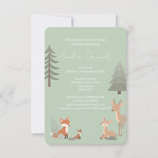 Sage Green Woodland Animal Baby Shower Invitation (Front)