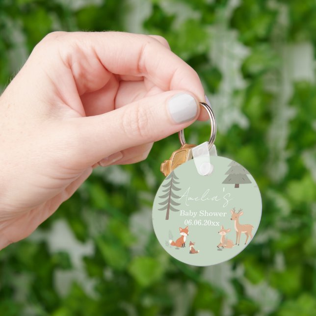 Sage Green Woodland Animal Baby Shower  Key Ring (Hand)