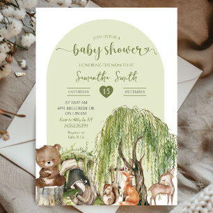 Sage Green Woodland Animals Baby Shower Invitation