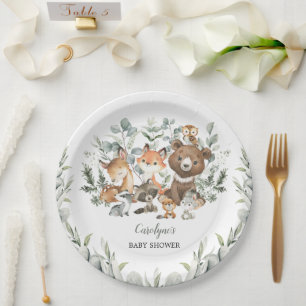 Sage Green Woodland Animals Eucalyptus Baby Shower Paper Plate