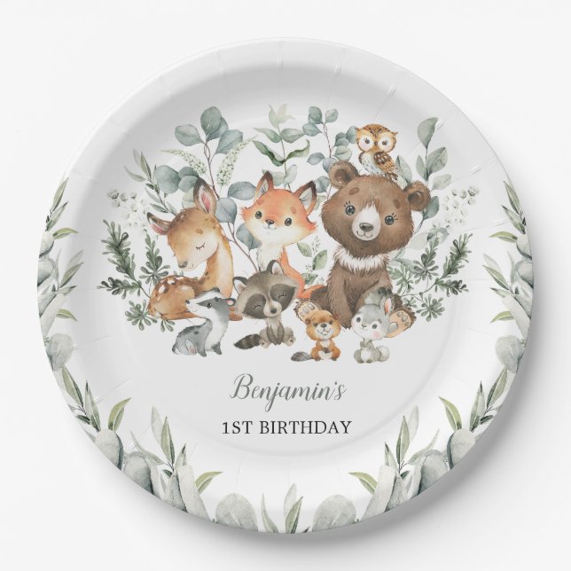 Sage Green Woodland Animals Eucalyptus Birthday Paper Plate (Front)