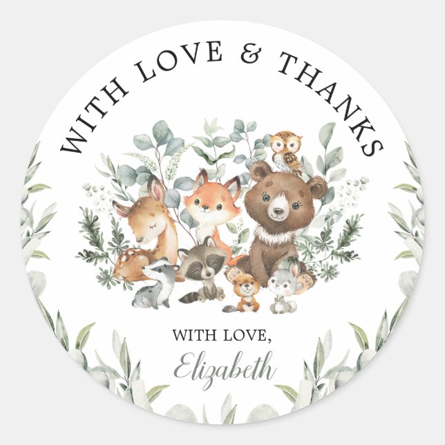 Sage Green Woodland Animals Eucalyptus Thank You Classic Round Sticker (Front)