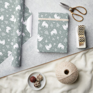 Sage Green Woodland Baby Bears Wrapping Paper