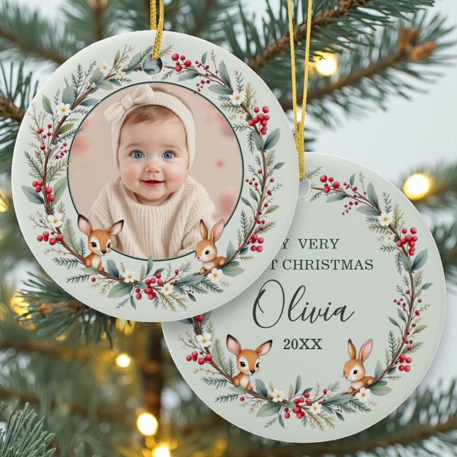 Sage Green Woodland Baby First Christmas Photo Ceramic Tree Decoration (Creator Uploaded)