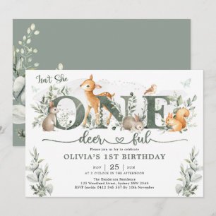 Sage Green Woodland One-deerful 1st Birthday Girl Invitation