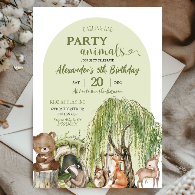 Sage Green Woodland Party Animals Boy Birthday Invitation (Creator Uploaded)