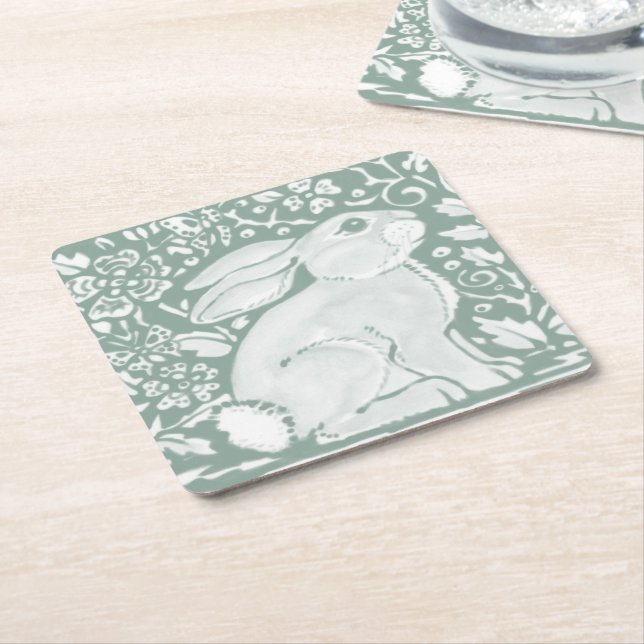 Sage Green Woodland Rabbit Forest Animal Cute Square Paper Coaster (Angled)