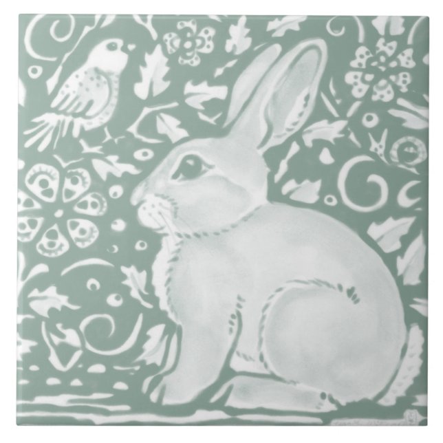 Sage Green Woodland Rabbit Forest Animal Nature Tile (Front)