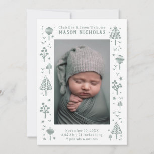 Sage Green Woodlands Photo Birth Announcement