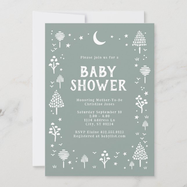 Sage Green Woodlands & Stars Baby Shower Invitation (Front)