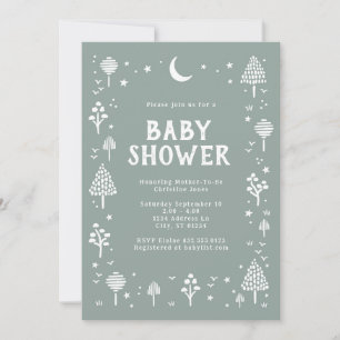 Sage Green Woodlands & Stars Baby Shower Invitation
