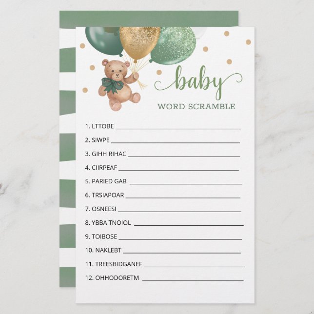 Sage Green Word Scramble Game Teddy Bear  (Front/Back)