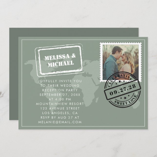 Sage Green World Map Destination Wedding Reception Invitation (Front/Back)