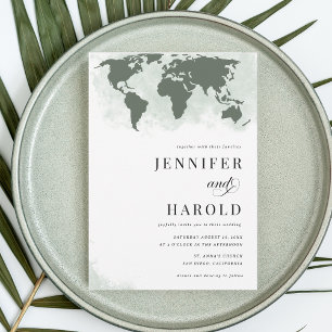 Sage Green World Map QR Code Destination Wedding Invitation