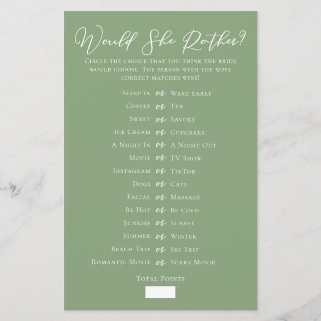 Sage Green Would She Rather Bridal Shower Game (Front)