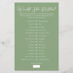Sage Green Would She Rather Bridal Shower Game
