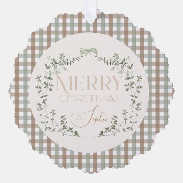 Sage Green Wreath “Merry Christmas” Typography Tree Decoration Card (Front)