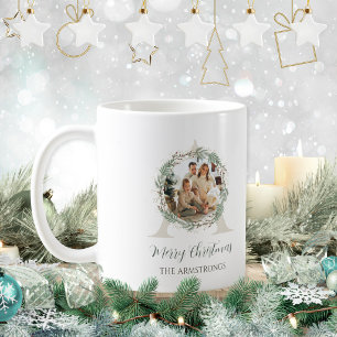 Sage Green Wreath Monogram Christmas 2 Photo Coffee Mug