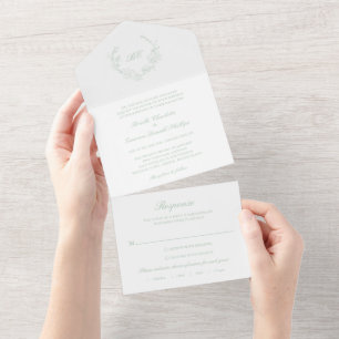 Sage Green Wreath Monogram Elegant Wedding All In One Invitation