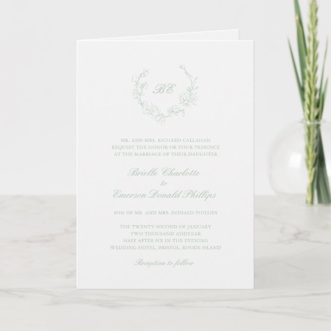 Sage Green Wreath Monogram Elegant Wedding Invitation (Front)