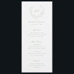 Sage Green Wreath Monogram Elegant Wedding Menu<br><div class="desc">Elegant wedding menu featuring a clean and timeless design with your monogram inside of a wreath crest.</div>