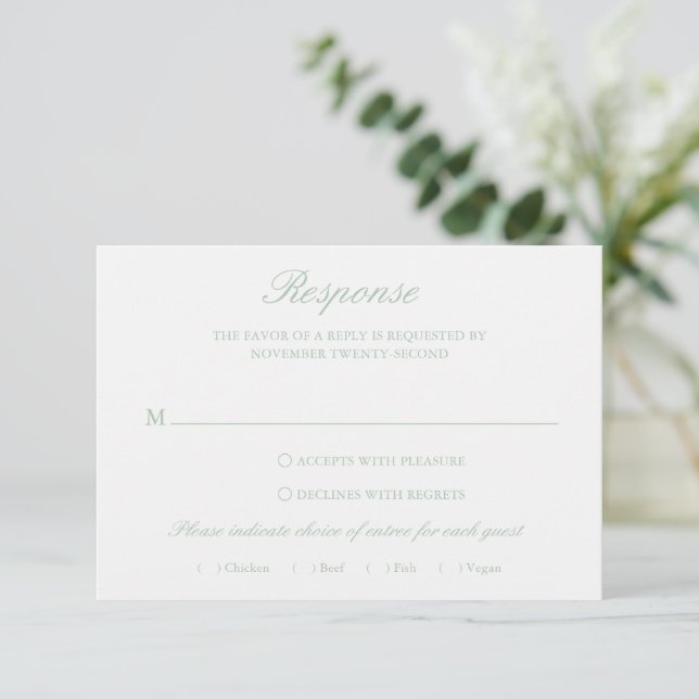 Sage Green Wreath Monogram Elegant Wedding RSVP Card (Standing Front)