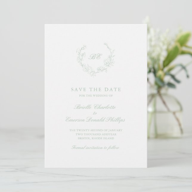 Sage Green Wreath Monogram Elegant Wedding Save The Date (Standing Front)