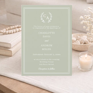 Sage green wreath monogram luxury wedding  invitation
