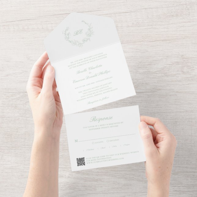 Sage Green Wreath Monogram QR Code Elegant Wedding All In One Invitation (Tearaway)