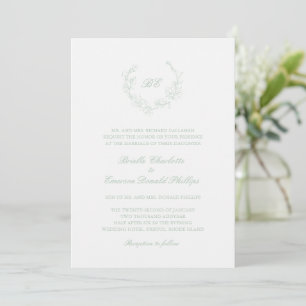 Sage Green Wreath Monogram QR Code Elegant Wedding Invitation