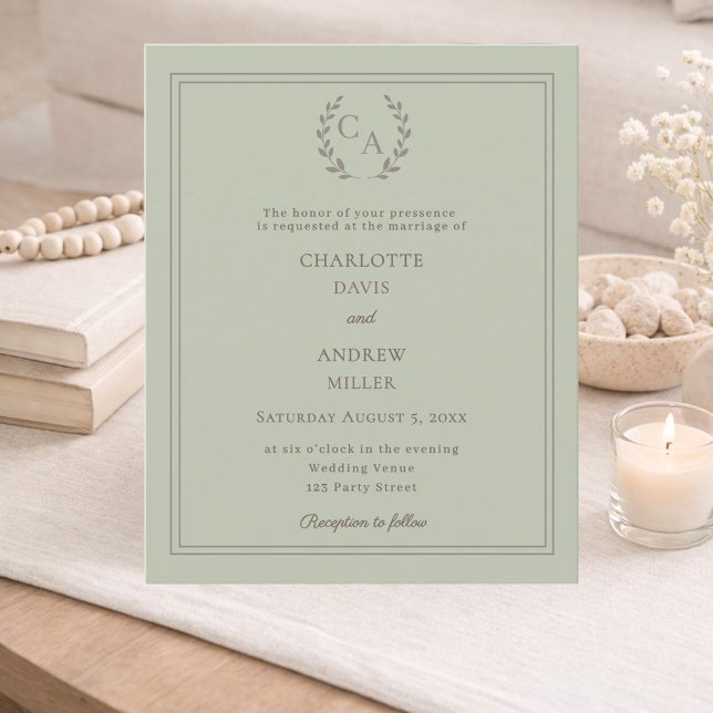Sage green wreath monogram wedding invitation (Creator Uploaded)