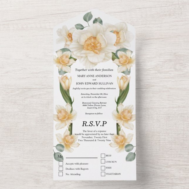 Sage green yellow daffodil spring flower wedding all in one invitation (Inside)