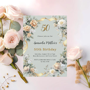 Sage green yellow florals gold luxury birthday invitation