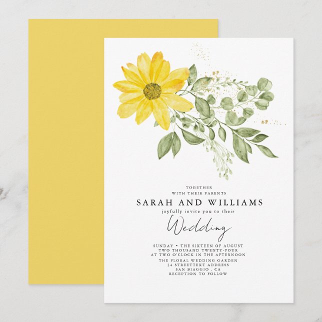 Sage Green Yellow Sunflower  Floral Boho Wedding  Invitation (Front/Back)