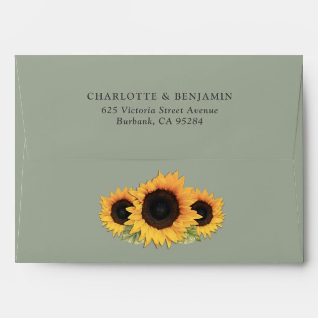 Sage Green Yellow Sunflower Wedding Return Address Envelope (Back (Top Flap))