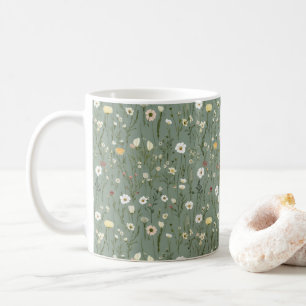 Sage Green Yellow White Boho Wildflowers Floral Coffee Mug
