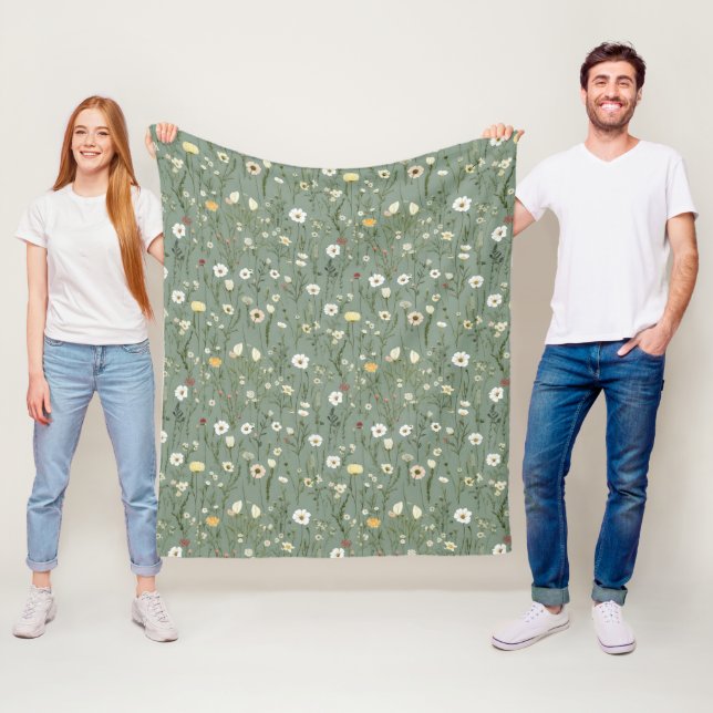 Sage Green Yellow White Boho Wildflowers Floral Fleece Blanket (In Situ)