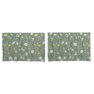 Sage Green Yellow White Boho Wildflowers Floral Pillowcase